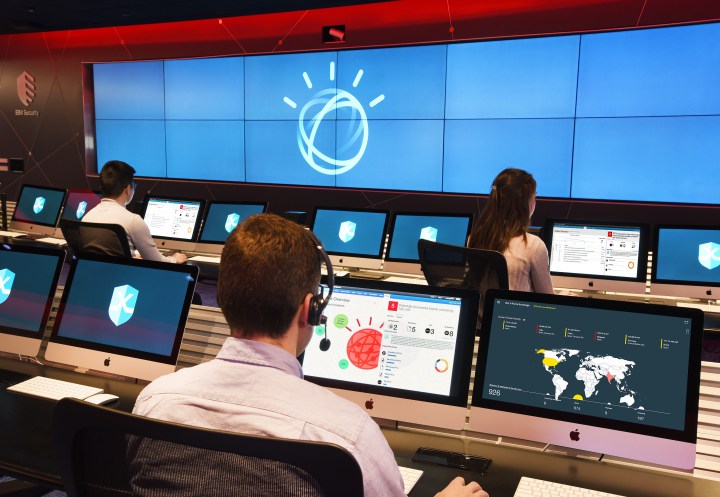 Security analysts at IBM X-Force Command Centers are using Watson to augment their investigations into cybersecurity incidents. The company debuted Watson for Cyber Security, built on a corpus of over 1 million security documents. IBM analyst are also experimenting with a new virtual assistant which uses voice response technology." (John Mottern/Feature Photo Service for IBM)